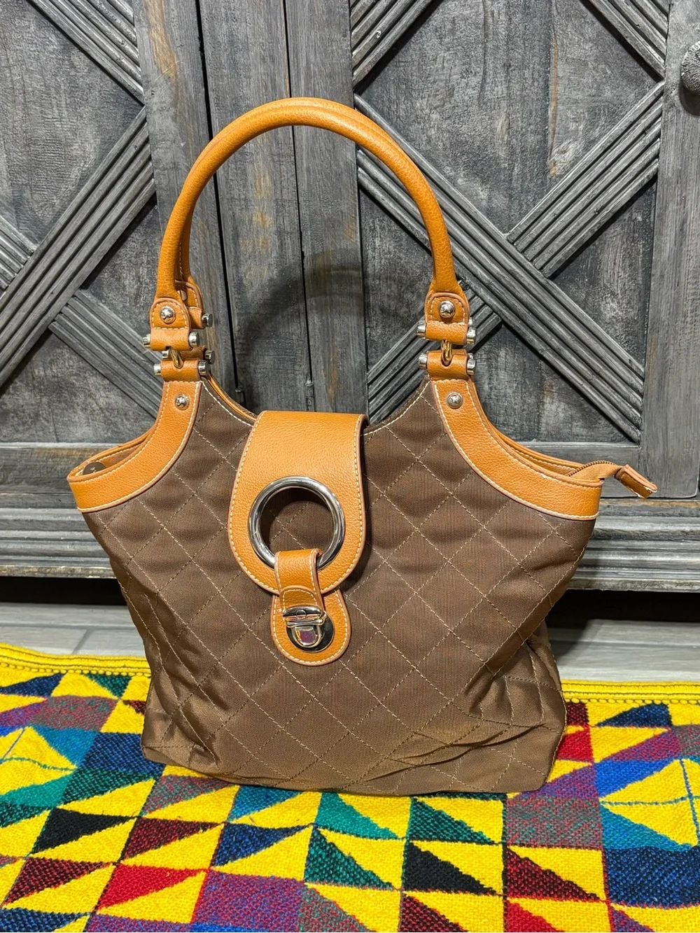 Sydney  Love bag Quilted Brown and Tan Ring-Accent Tote Bag
